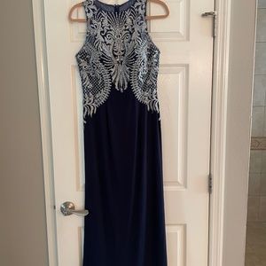 Cachet formal gown, navy blue, silver beaded bodice size 6